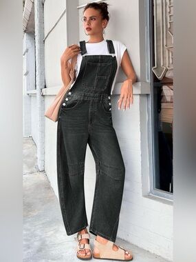 Women Black Denim Bib Overalls Barrel Leg Adjustable Straps Jean-NWT-XL